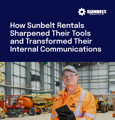 Worker in orange uniform with tablet in a Sunbelt Rentals warehouse; text about improving tools and communications.