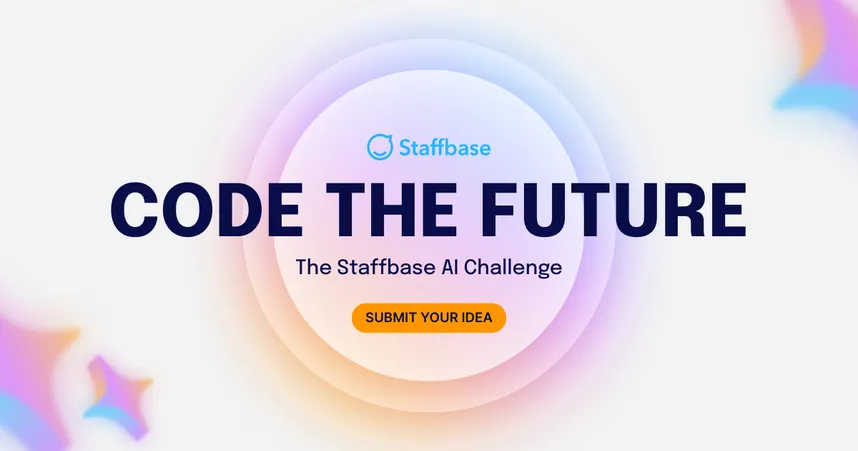 "Code the Future: The Staffbase AI Challenge. Submit your idea. Vibrant circular gradient background with colorful star shapes."