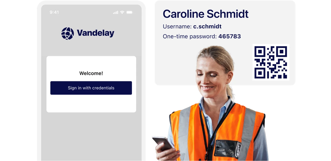 Smartphone showing Vandelay login screen beside a woman in an orange vest holding a phone. ID card displays username, one-time password, and QR code.