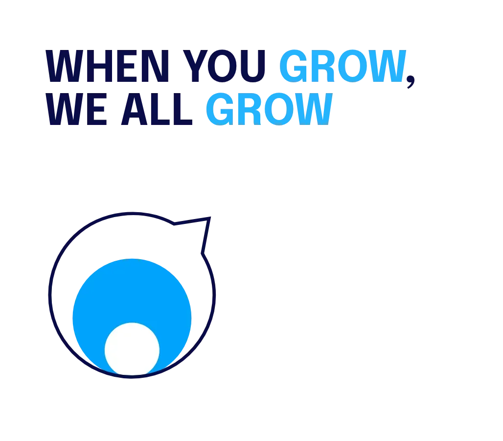 Staffbase brand graphic reading "When you grow, we all grow" with a blue speech bubble icon.