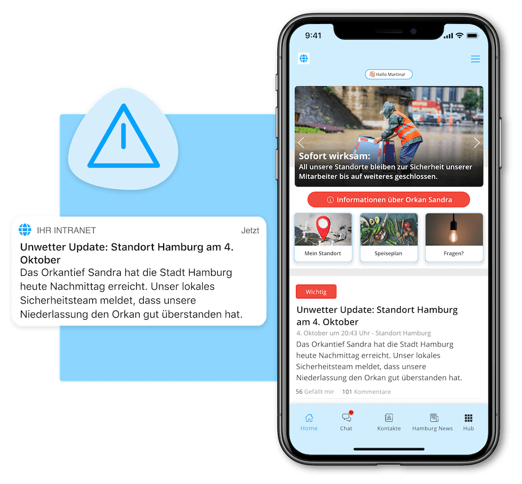 Beispiel einer Mitarbeiter-App mit Unternehmensnachrichten und Inhalten für die Krisenkommunikation.