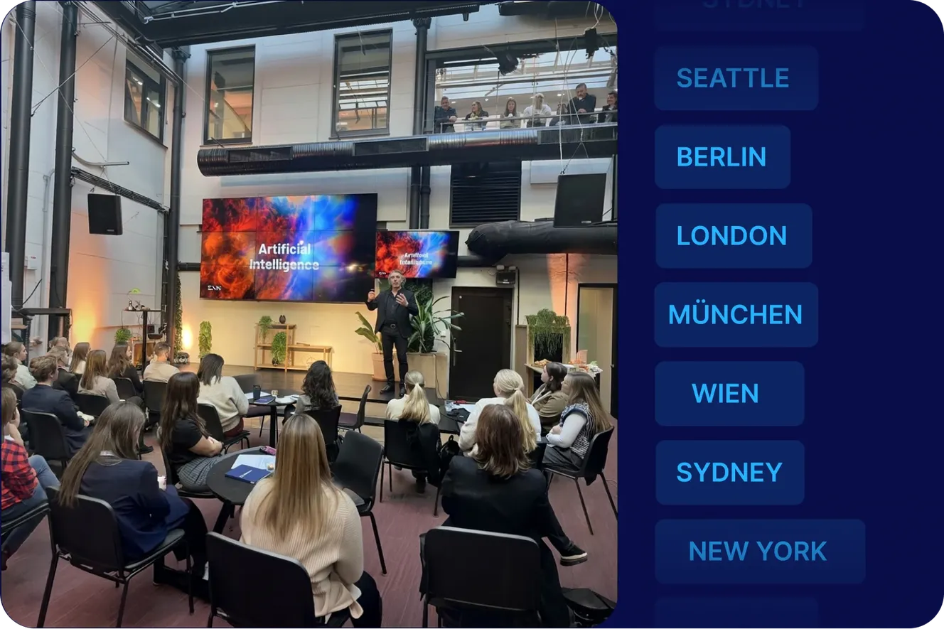 Vortrag zum Thema künstliche Intelligenz bei einem Staffbase Meetup mit Standorten Berlin, London, München, Wien, Sydney und New York