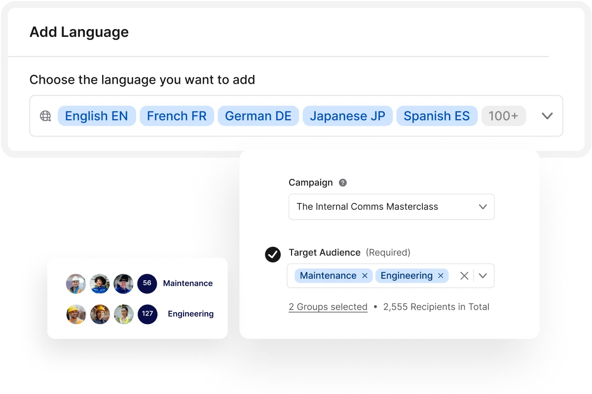 Interface showing language selection options and a campaign setup with target audiences "Maintenance" and "Engineering" selected.