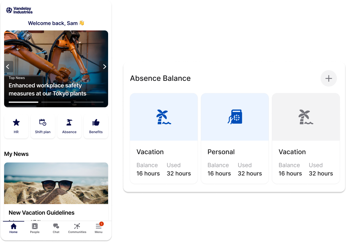 Mobile app interface showing workplace news, absence balance with vacation details, and navigation icons for HR, benefits, and more.