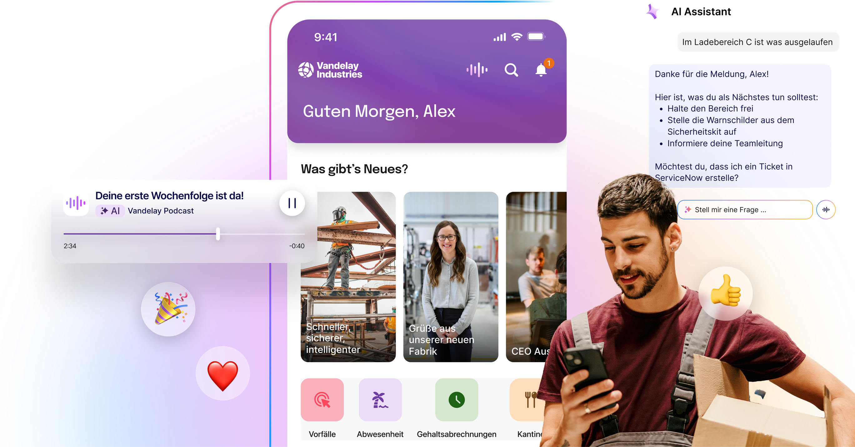 Darstellung eines Mitarbeiters in Arbeitskleidung, der auf sein Smartphone schaut. Auf dem Bildschirm ist die mobile Mitarbeiter-App von Vandelay Industries mit der Begrüßung "Guten Morgen, Alex" und einer Übersicht aktueller Nachrichten zu sehen. Überlagert sind: Ein Pop-up für den "Vandelay Podcast" ("Deine erste Wochenfolge ist da!"), ein Chatfenster des "AI Assistant" mit Handlungsempfehlungen für eine Störungsmeldung, und Emojis.