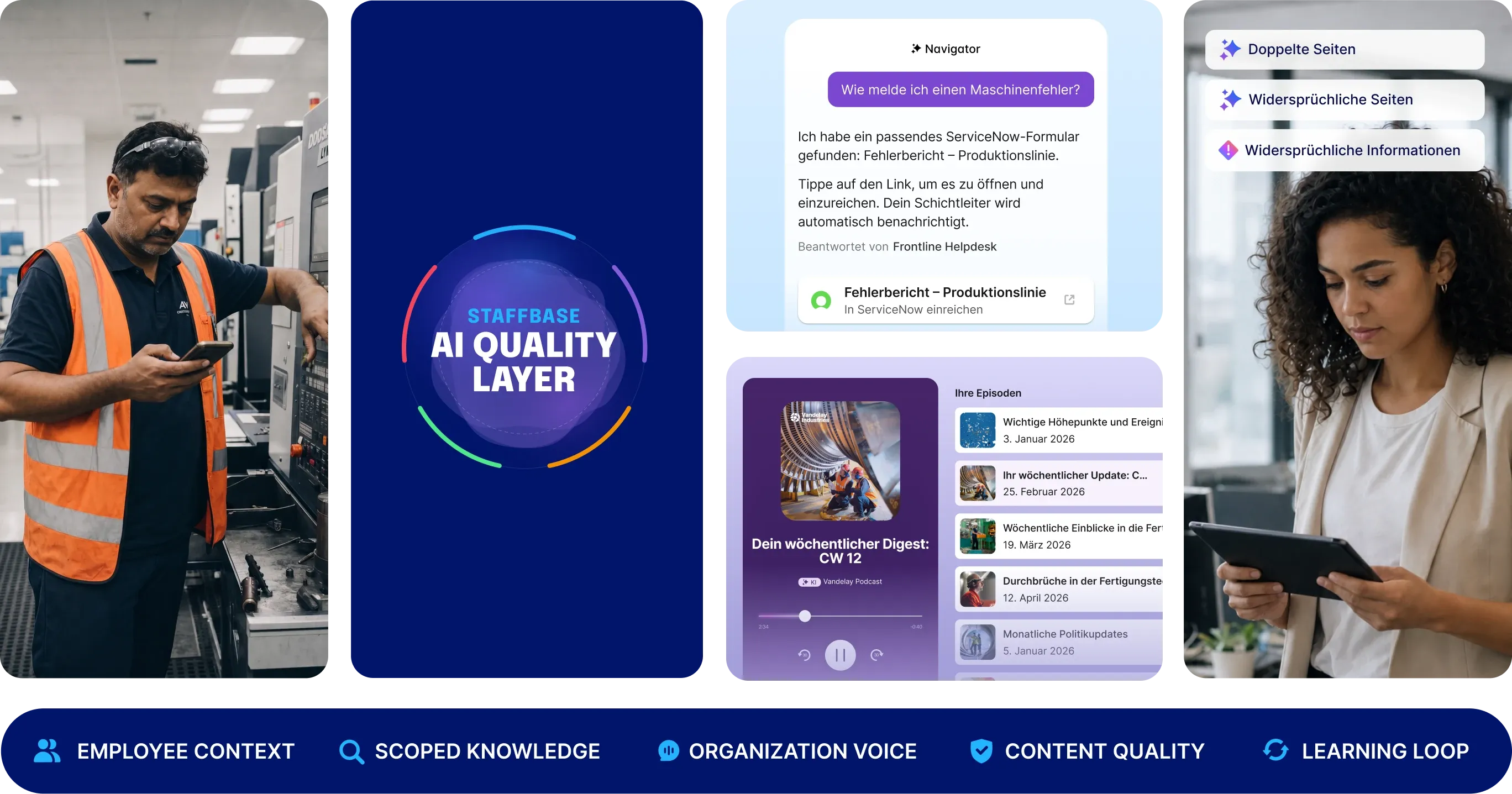 Staffbase AI Quality Layer mit Navigator-Chat zur Fehlermeldung, Podcast-Digest und Erkennung doppelter oder widersprüchlicher Seiten