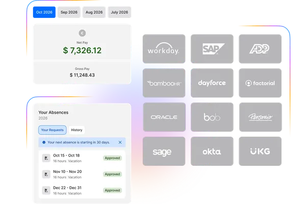 Dashboard displaying pay summary, absence requests, and logos of various HR software companies.