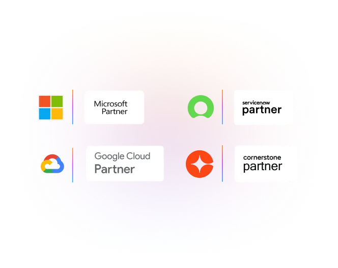 Illustration of logos: Microsoft Partner, Google Cloud Partner, ServiceNow Partner, Cornerstone Partner on a colorful, circular gradient background.