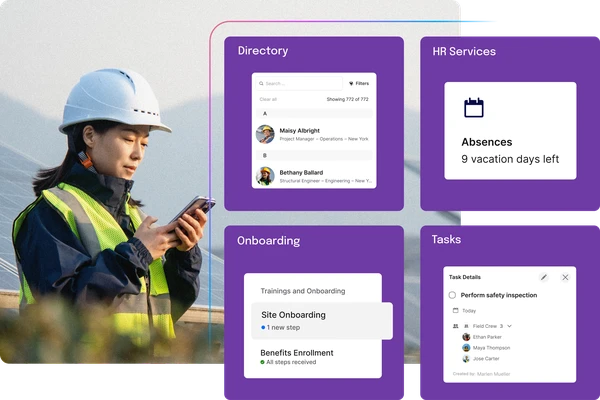 Worker in a hard hat and high-vis vest looks down at a phone, with app feature tiles shown beside her for Directory, HR Services (Absences), Onboarding, and Tasks