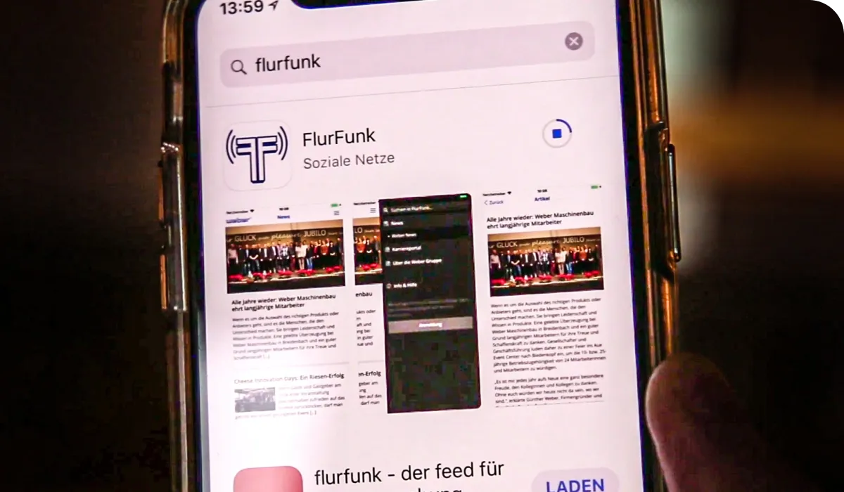 A smartphone screen displaying the FlurFunk app in the app store, with the app icon and screenshots visible.