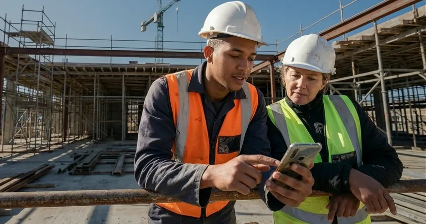 Two construction workers in safety gear review something on a smartphone at a building site with scaffolding in the background.