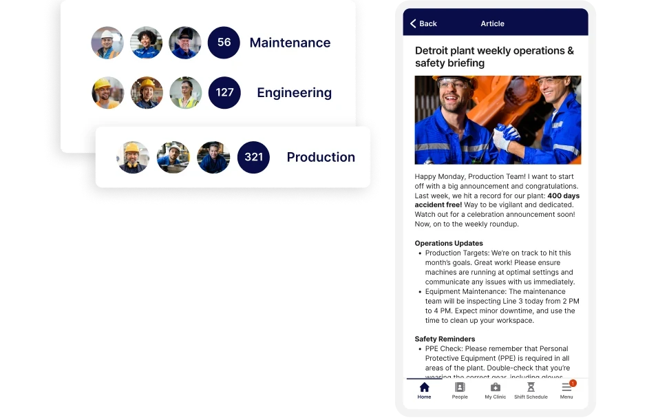 Dashboard showing team stats: Maintenance (56), Engineering (127), Production (321). Article discusses operations and safety briefing.