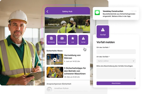 Sicherheits-Dashboard mit Vorfallmeldung und Sicherheitsinformationen auf dem Smartphone.