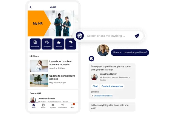 HR app interface showing options for handbook, benefits, and contacts. A chat screen asks about unpaid leave, suggesting speaking with HR.