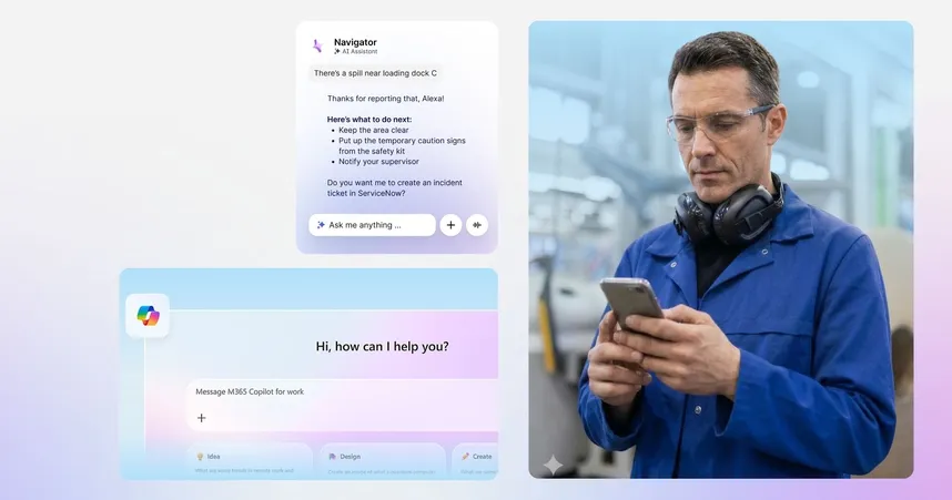 AI Intranet search tools header image featuring frontline worker on a smart phone