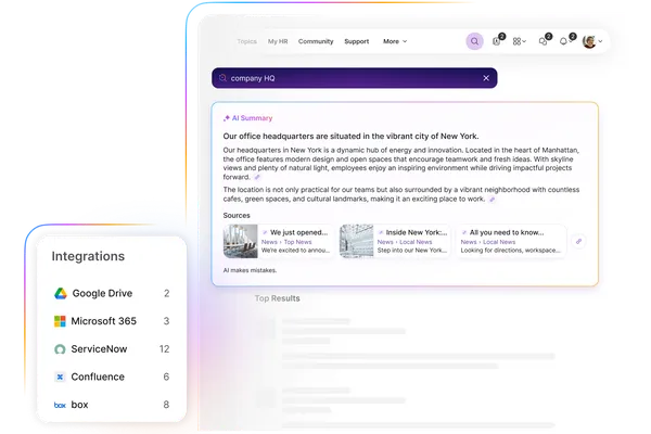 Interface showing a search bar with "company HQ," AI summary about New York office, and integrations with Google Drive, Microsoft 365, and others.