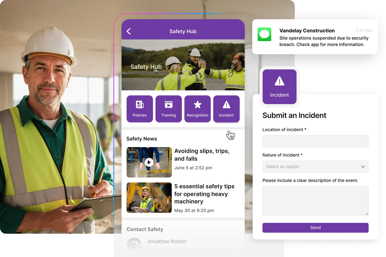 A construction worker holding a tablet displaying a safety app interface, with options for policies, training, and incident reporting.