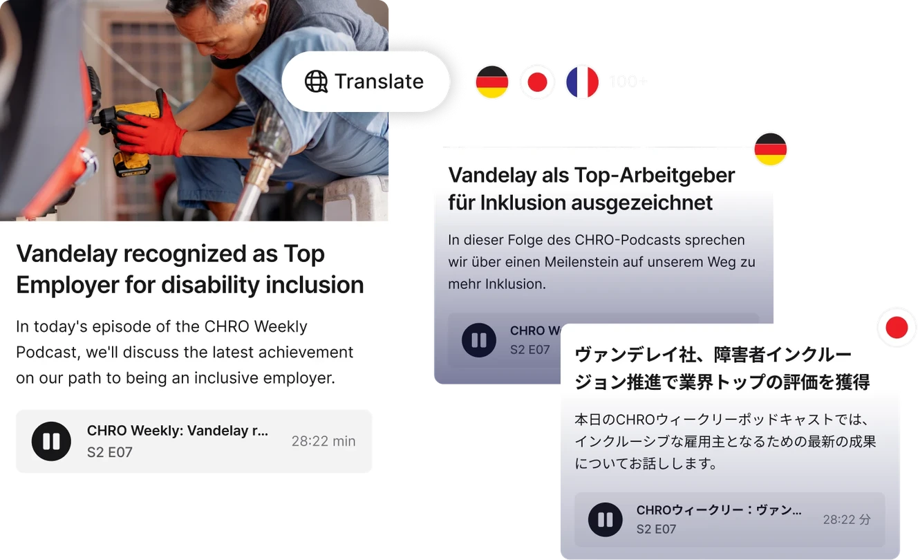 Podcast episode with text in multiple languages discussing Vandelay's recognition as a top employer for disability inclusion.