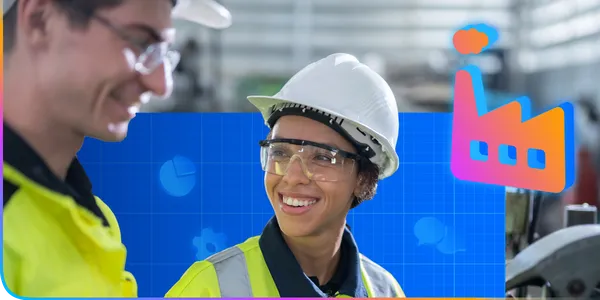 Two employees wearing safety gear and helmets smile at each other in an industrial setting. In the background are blue icons related to communication and production, along with a colorful illustrated factory symbol.