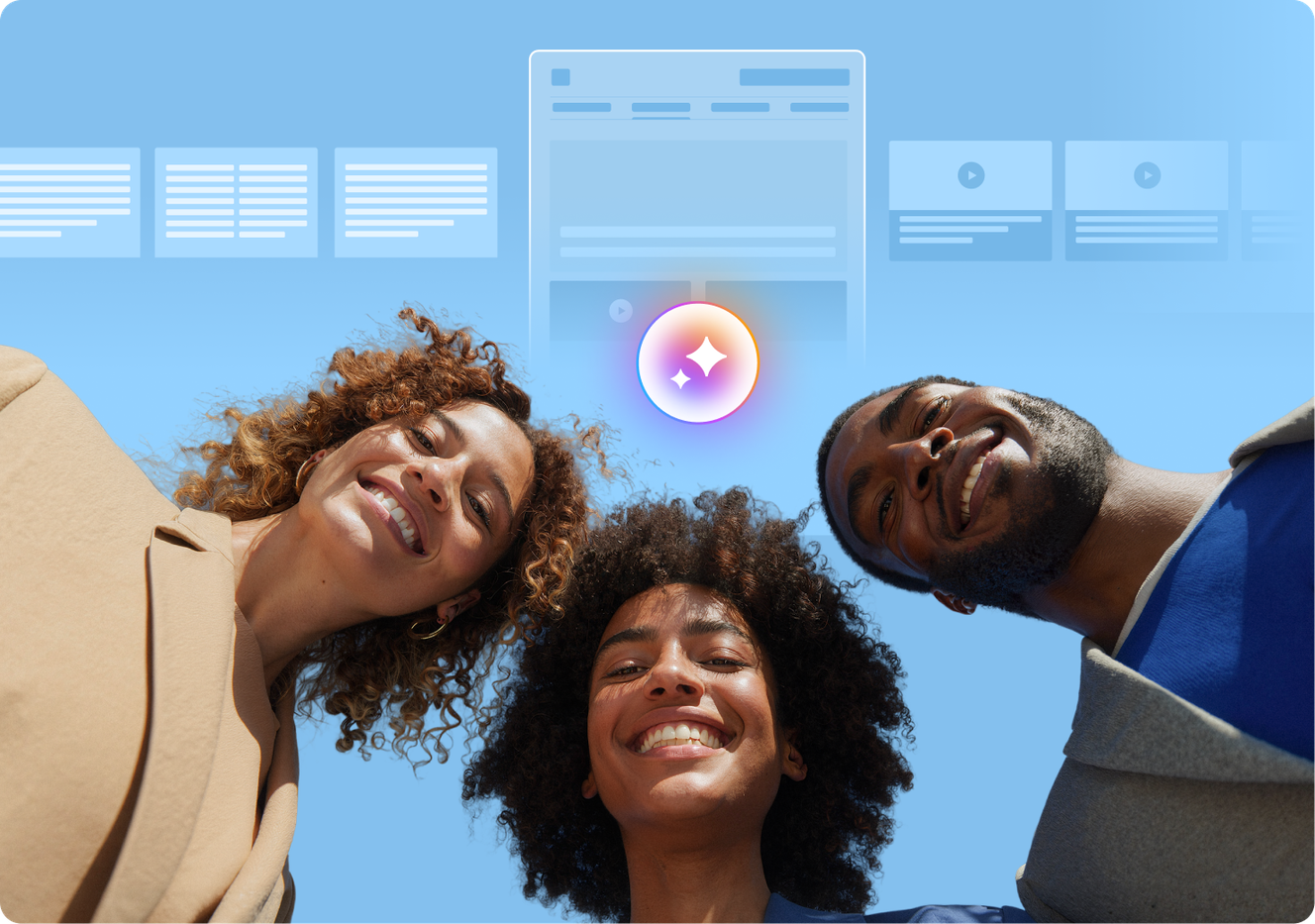 Three people smiling and looking down at the camera, with a blue background featuring abstract digital elements above them.