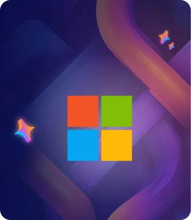 Colorful Microsoft logo on a dark, abstract background with star-like accents.