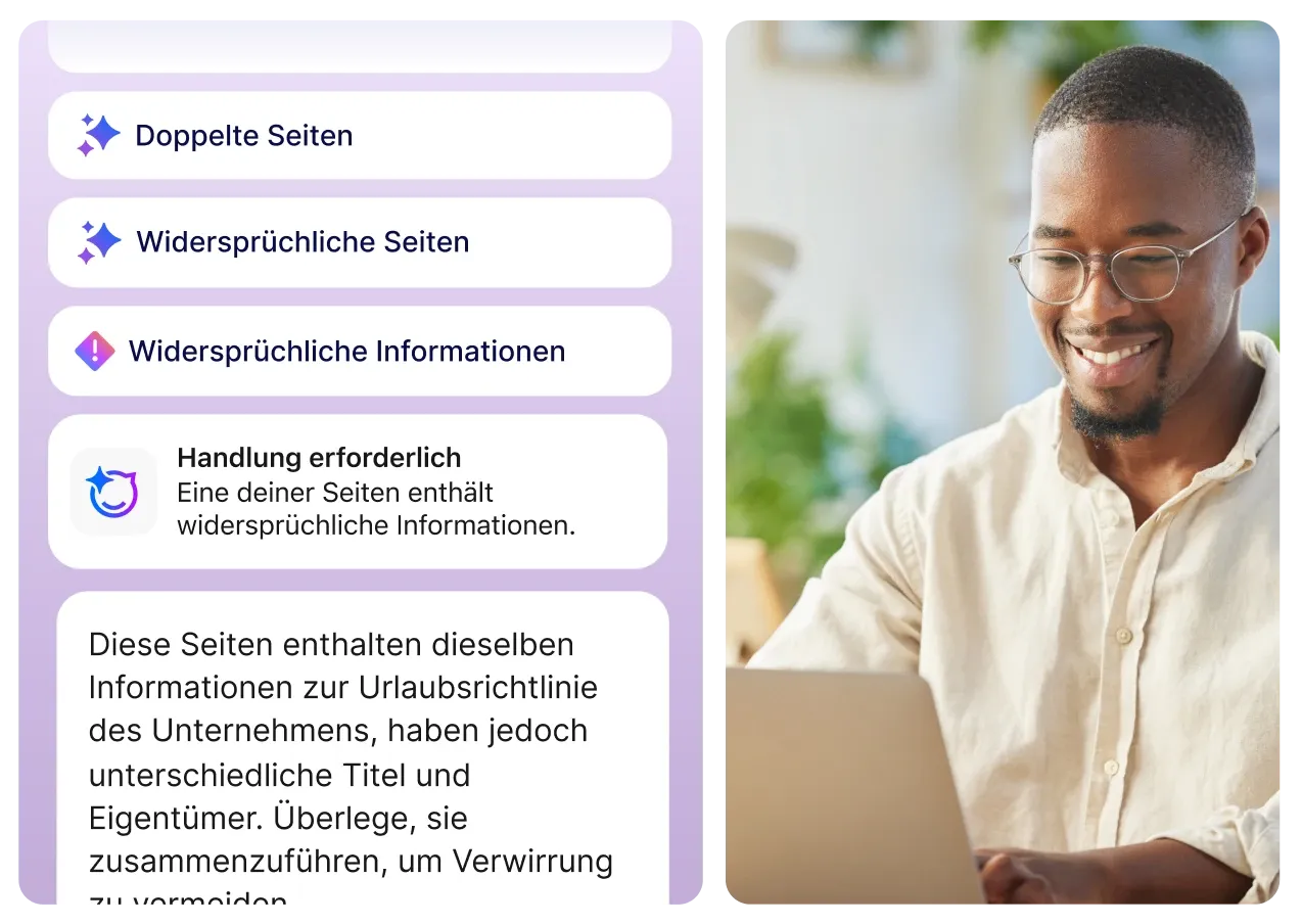 Staffbase Studio Content-Governance-Panel mit Hinweisen zu doppelten Seiten, widersprüchlichen Informationen und Empfehlungen zur Zusammenführung ähnlicher Inhalte zur Vermeidung von Verwirrung.