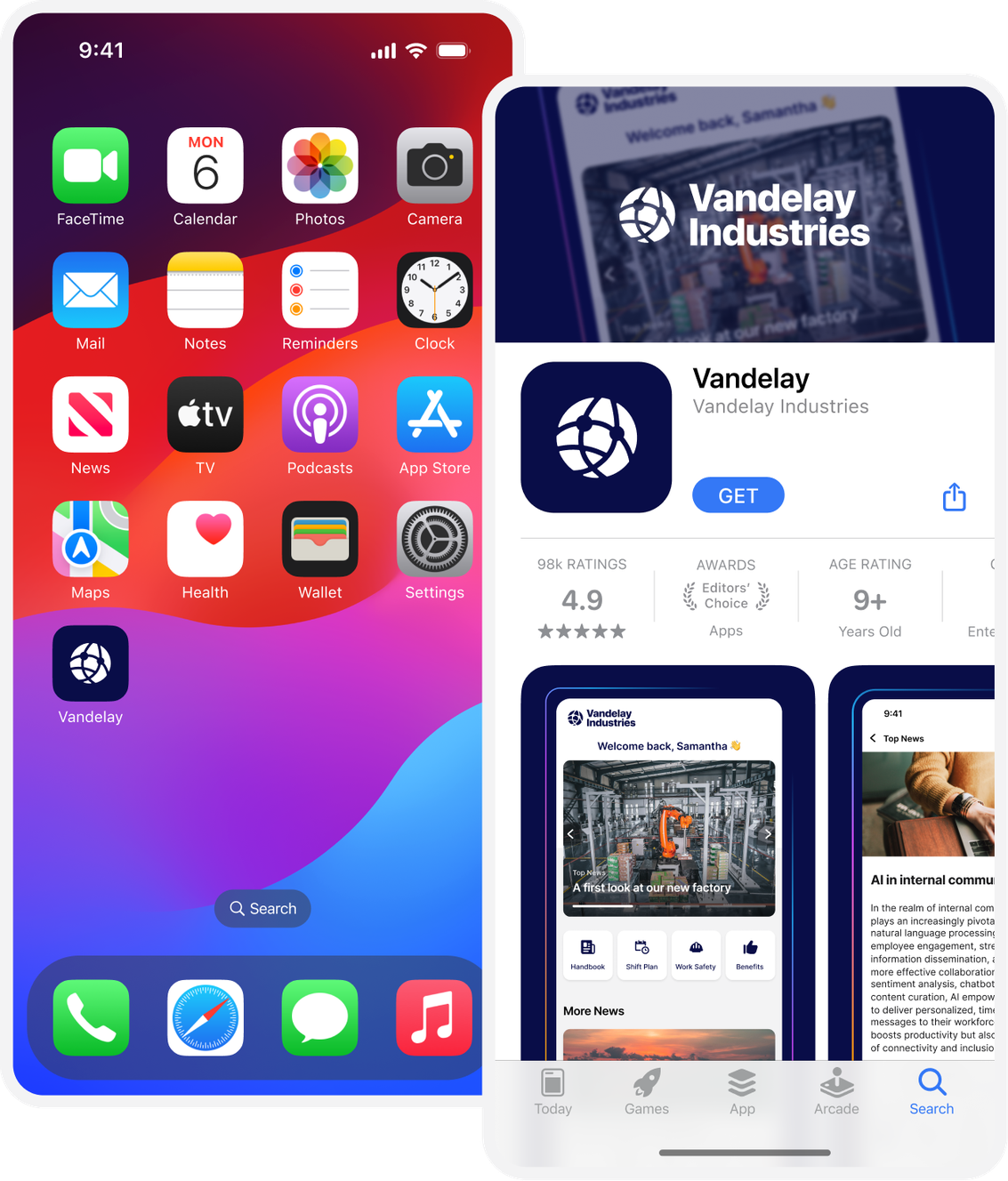 iPhone home screen with app icons and App Store page for "Vandelay Industries" app, showing ratings and screenshots.