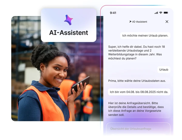 Eine Mitarbeiterin in Warnweste spricht lächelnd in ihr Smartphone. Daneben zeigt ein Smartphone-Screenshot den Staffbase AI-Assistenten, der bei der Urlaubsplanung hilft.