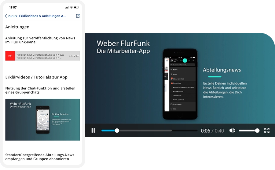 A smartphone screen displays the Weber FlurFunk employee app with navigation options. The background is teal with German text about app features.