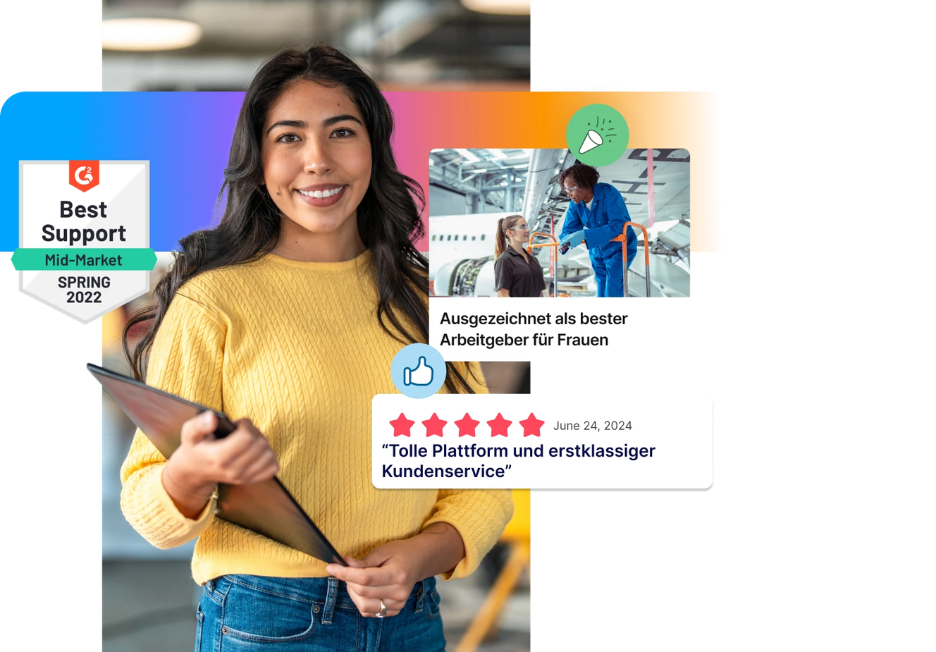Smiling woman holding a laptop, with awards and positive reviews displayed around her, including "Best Support" and "Tolle Plattform und erstklassiger Kundenservice."