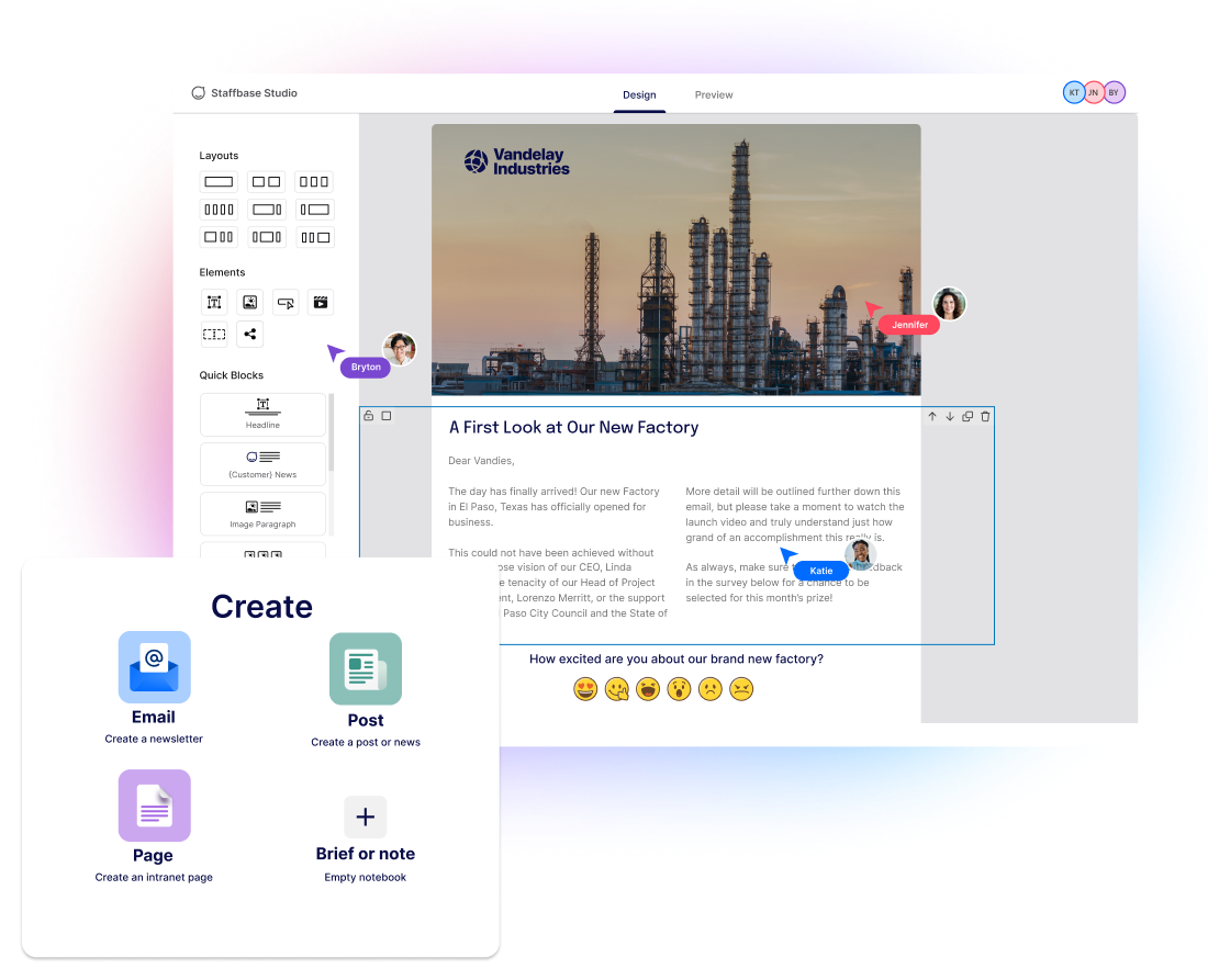 Digital design interface showing a newsletter about a factory, with editing tools and options for creating emails, posts, and pages.