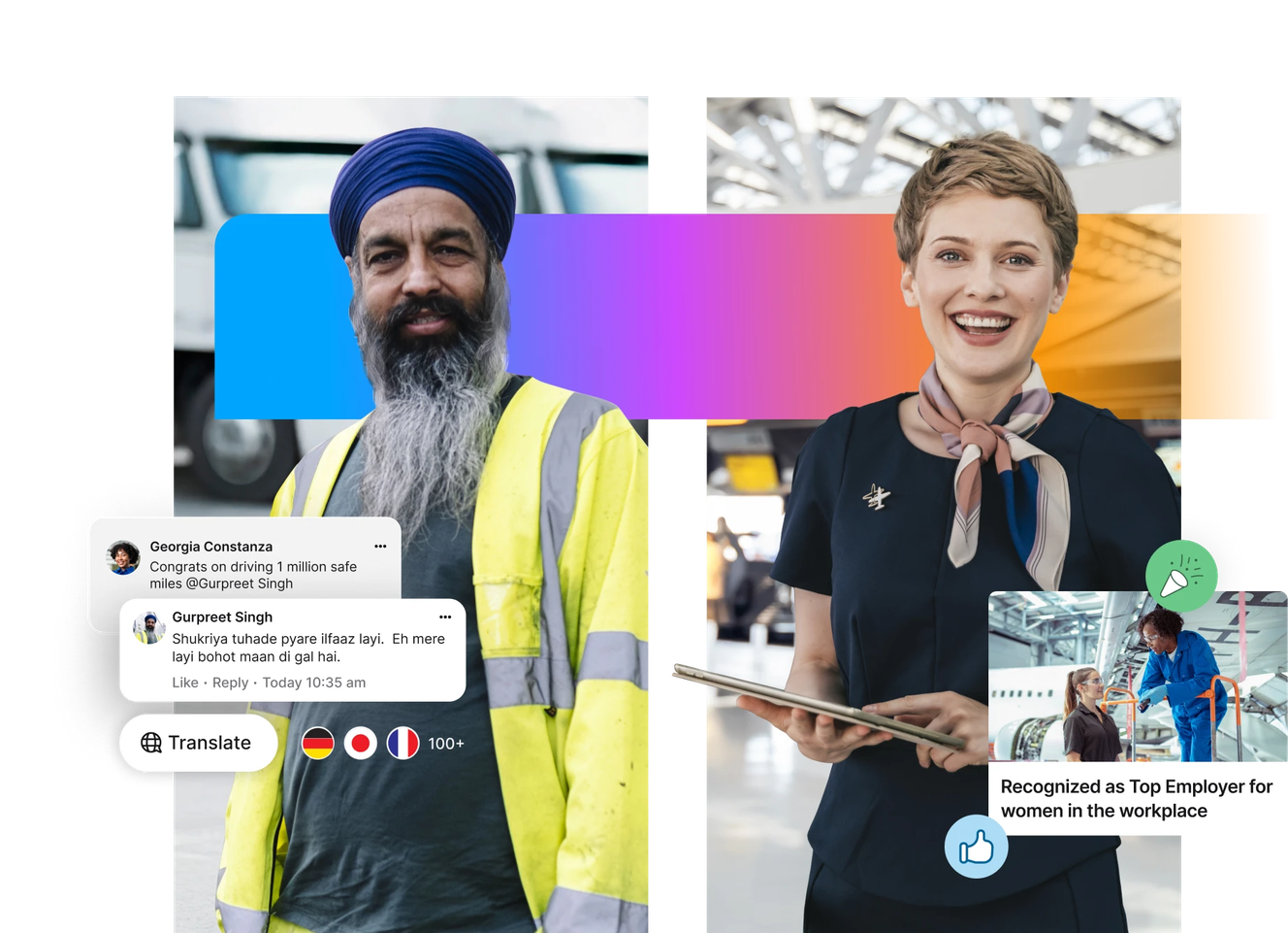 A smiling man in a turban and safety vest; a woman in a uniform holding a tablet. Text bubbles and icons are displayed around them.