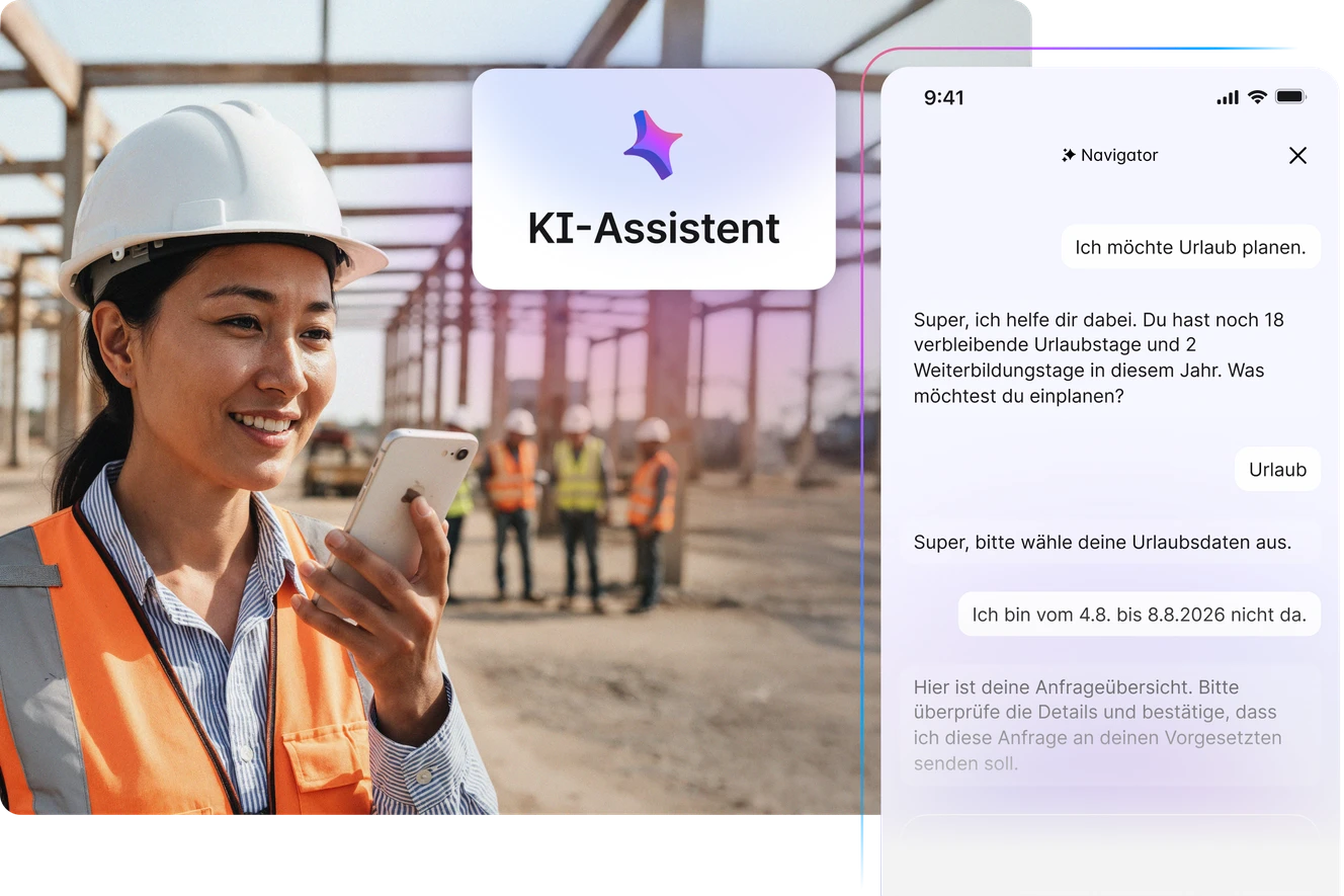 Bauarbeiterin nutzt einen KI-Assistenten auf dem Smartphone zur Urlaubsplanung.