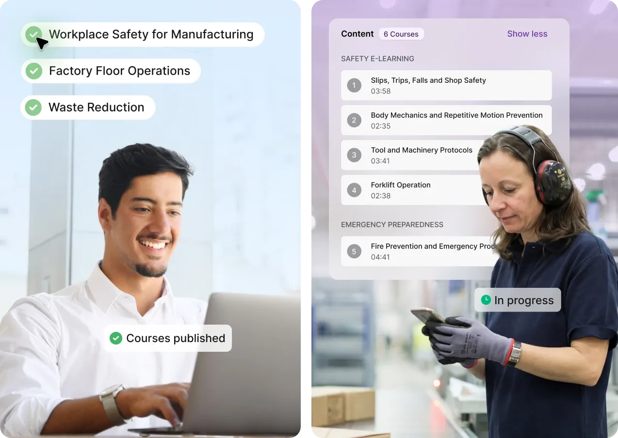 A split-screen graphic showing a manager publishing workplace safety courses on a laptop and a warehouse worker viewing an "in progress" safety e-learning list on their app.
