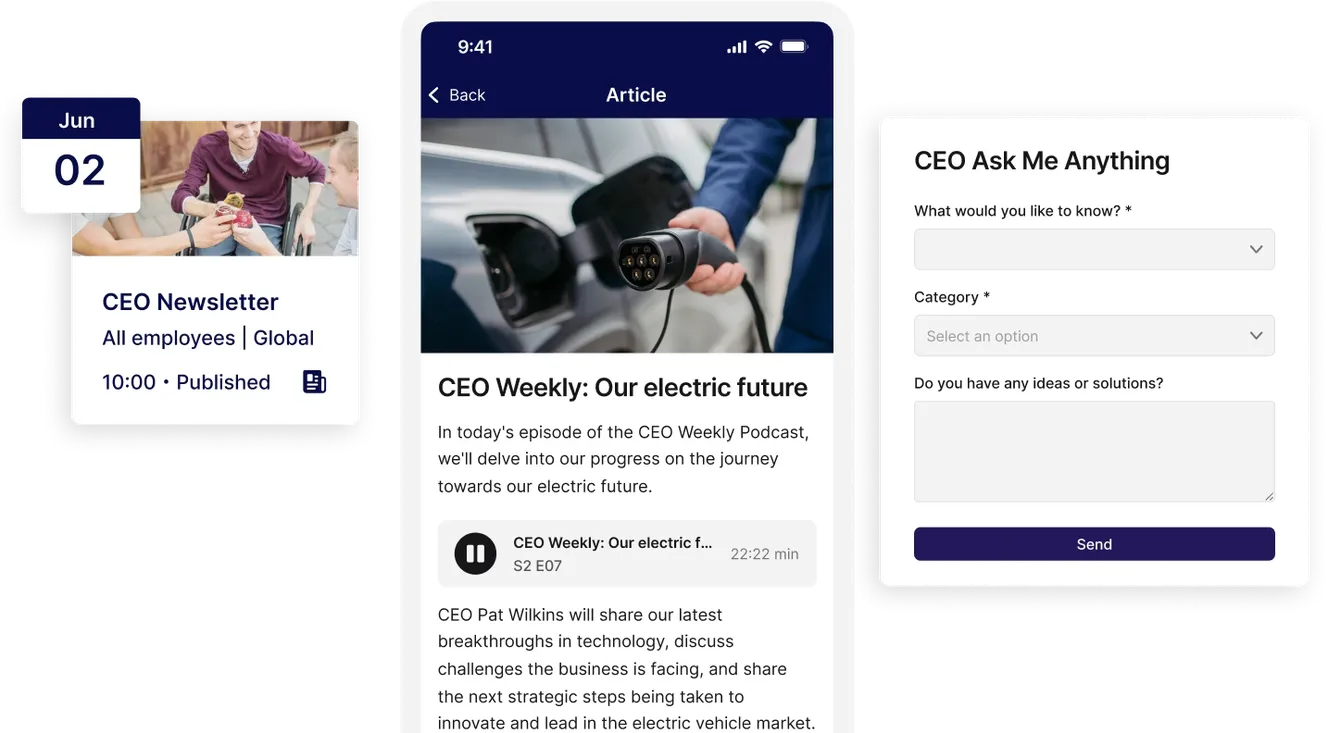 Mobile interface showing a CEO newsletter event, an article about electric vehicles, and a form for submitting questions to the CEO.