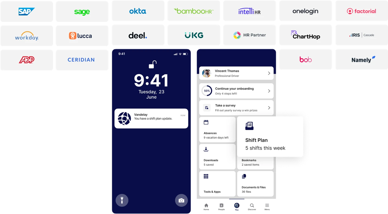 Smartphone screen displaying a work app interface with notifications about onboarding and a shift plan. Background shows various HR software logos.