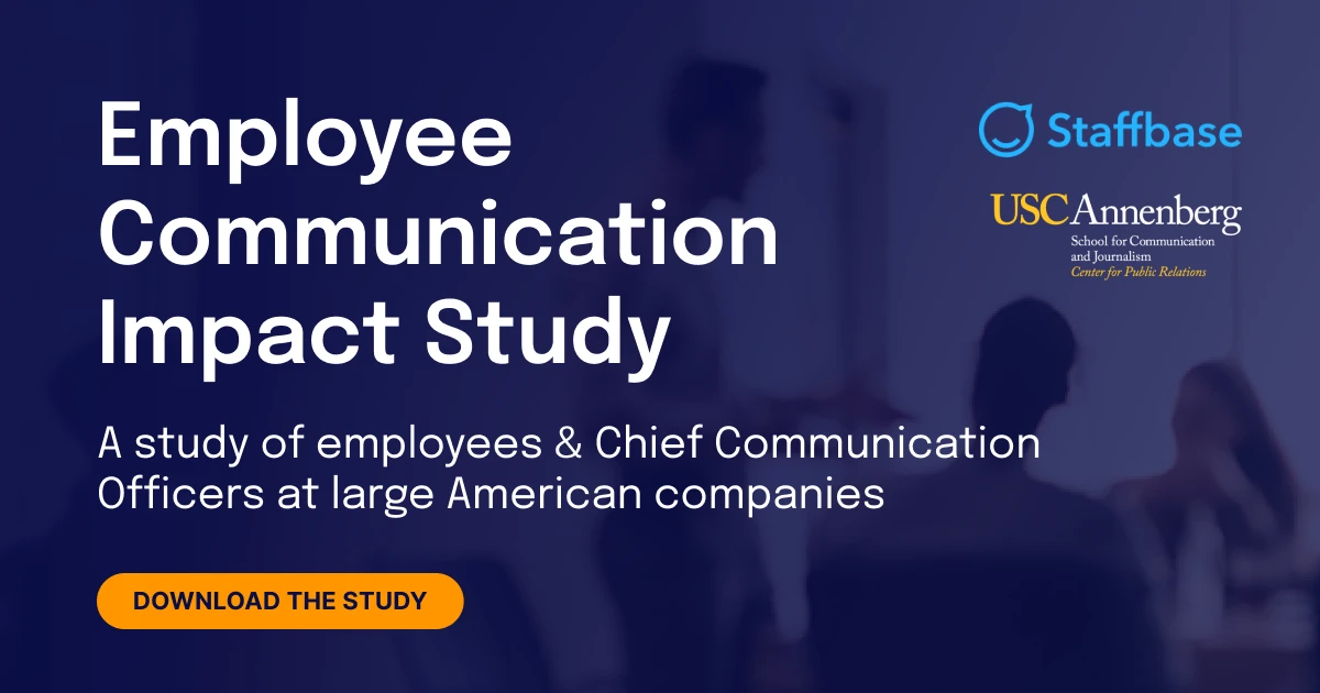 Promotional graphic for an Employee Communication Impact Study by Staffbase and USC Annenberg, featuring a "Download the Study" button.