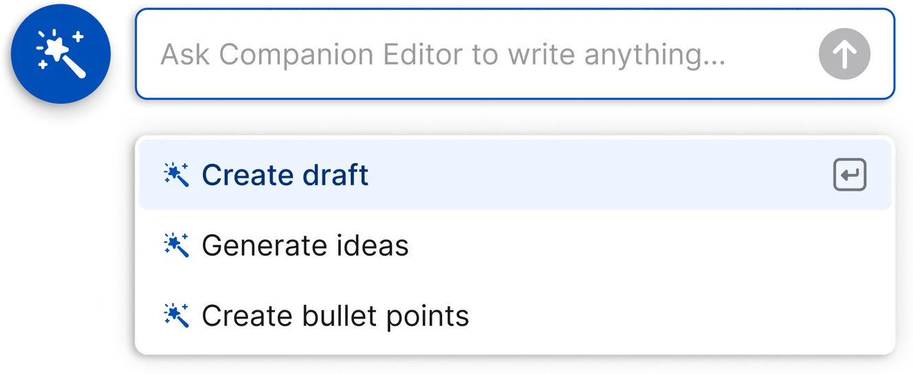 Menu with options: "Create draft," "Generate ideas," and "Create bullet points" under a search bar.