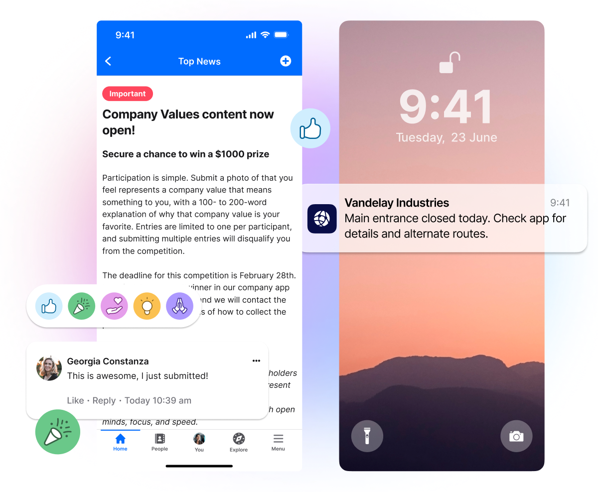 Smartphone screens showing a company app with a contest announcement, user comments, and a notification about a closed entrance on June 23.