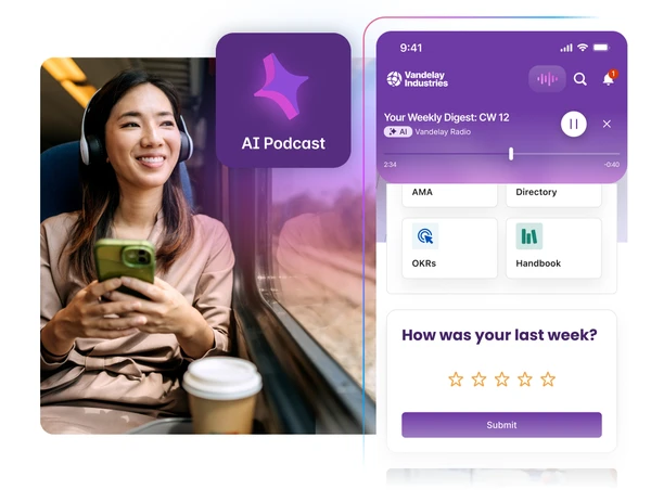 Woman on a train listening to an AI podcast on her phone; app interface shows weekly digest, rating, and menu options.