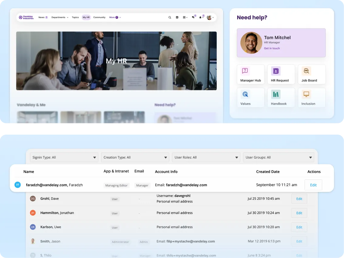 Screenshot of an HR software interface with user accounts, profile details, and navigation options for support and requests.