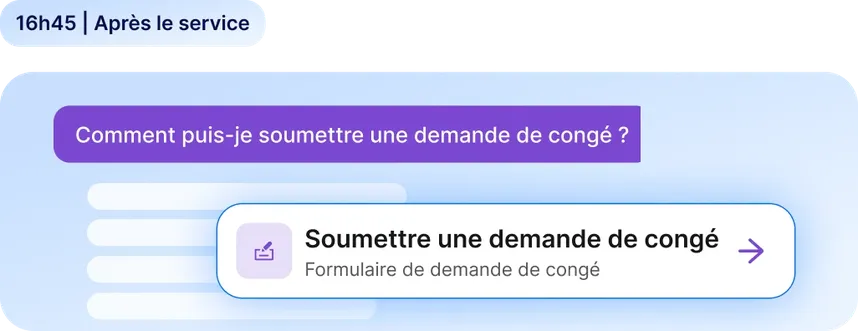 Conversation avec le chatbot Staffbase à 16h45 : un employé demande comment soumettre une demande de congé et reçoit un lien direct vers le formulaire correspondant