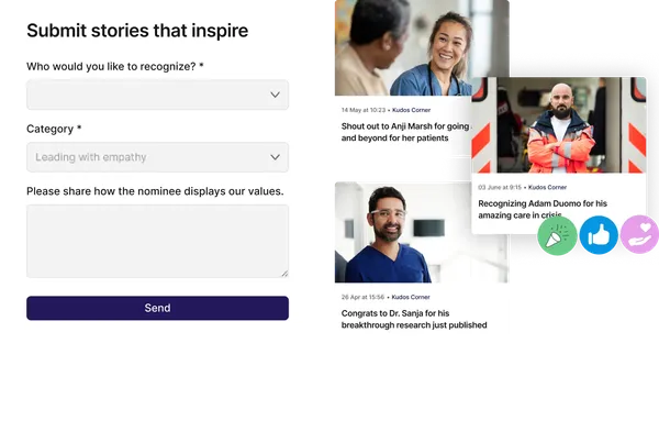 Split screen showing a form to submit inspiring stories on the left, and three recognition posts with healthcare professionals on the right.