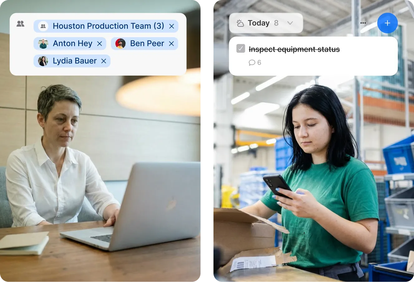 Two panels showing people using the task management system. The left panel shows a woman at a desk using a laptop with a team assignment overlay; the right panel shows a woman in a green shirt in a warehouse setting checking her smartphone with a "Completed" task notification overlay.