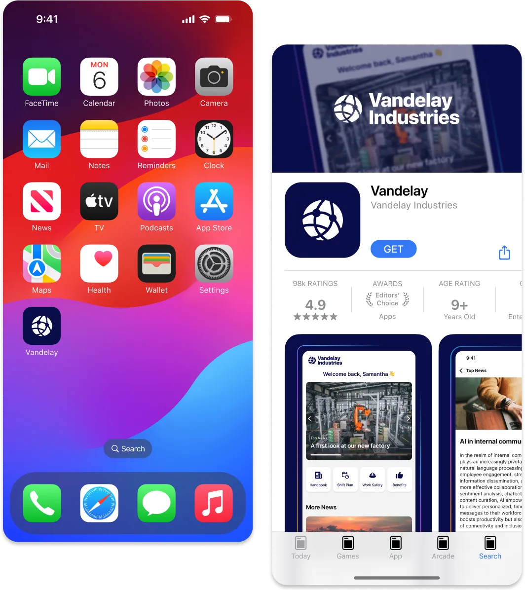 Split-screen view of a smartphone displaying a colorful home screen on the left and an app store page for "Vandelay Industries" on the right.