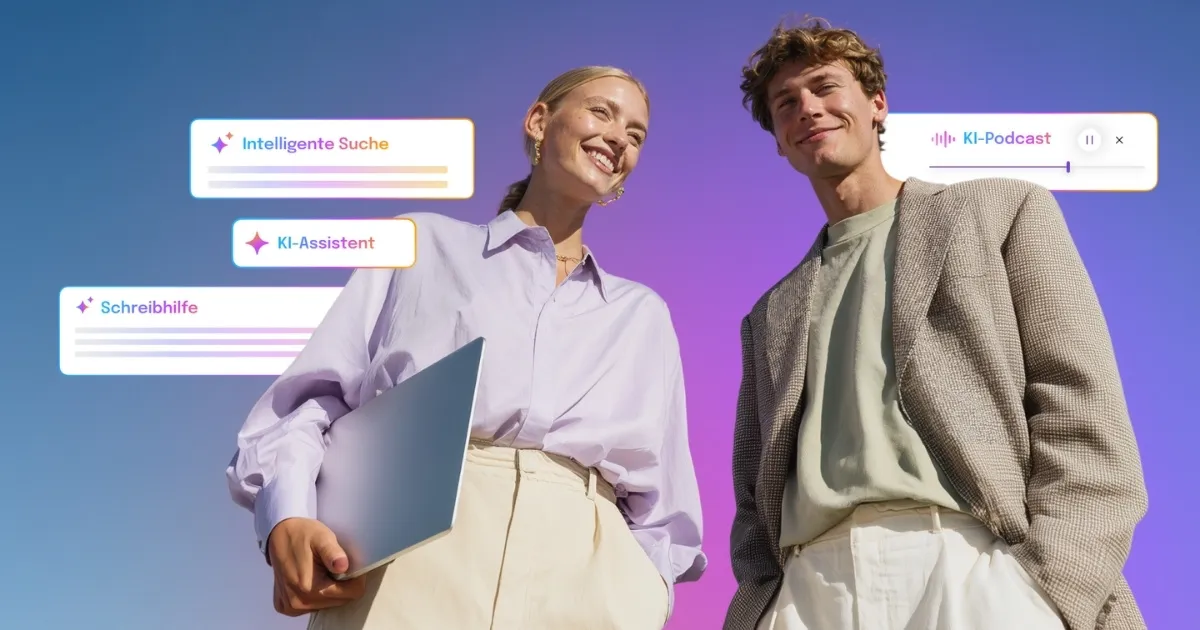 Ein Foto einer Frau mit Laptop und eines Mannes umgeben von Begriffen wie „KI-Assisten“ und „KI-Podcast“