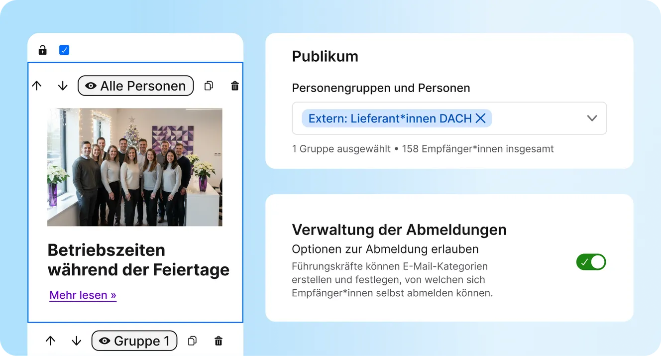Staffbase Inhaltsblock mit Sichtbarkeitseinstellung für alle Personen sowie Publikumsauswahl für externe Lieferant*innen und Abmeldeverwaltung