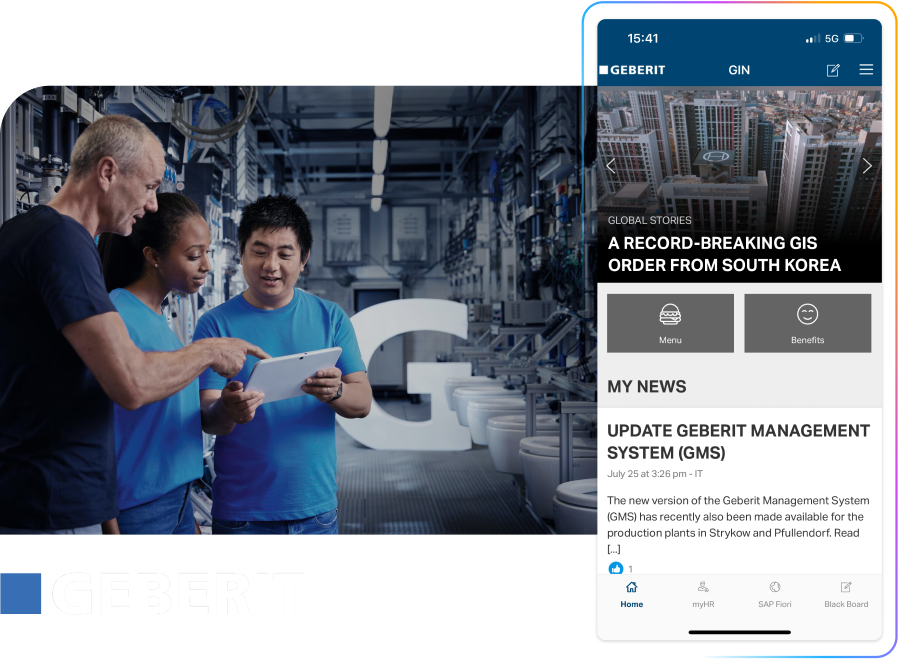 Three people in a factory setting look at a tablet. A smartphone screen shows the Geberit app interface with news and menu options.