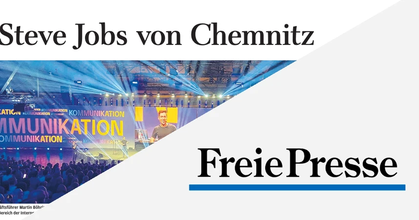 Stage event with a speaker, colorful lighting, and audience. Text: "Steve Jobs von Chemnitz" and "Freie Presse."