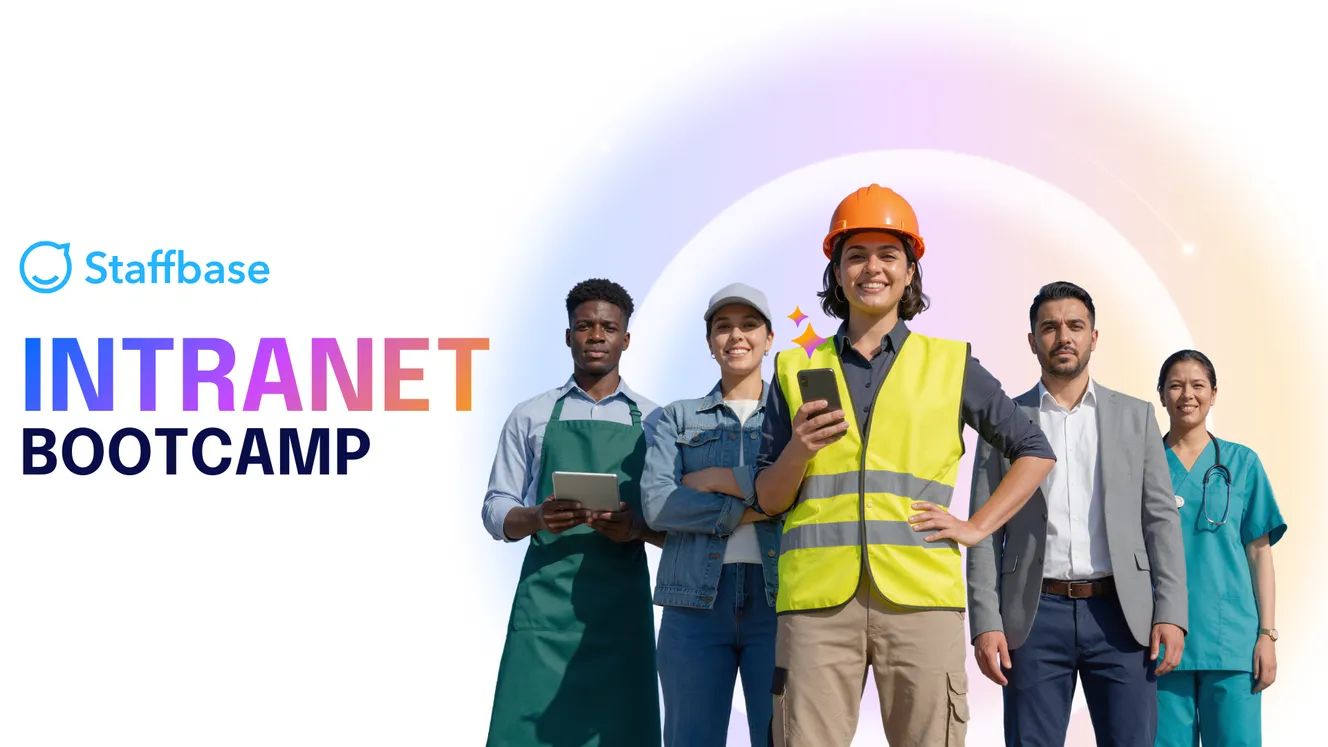 Diverse professionals in various uniforms stand confidently under "Staffbase Intranet Bootcamp" text.